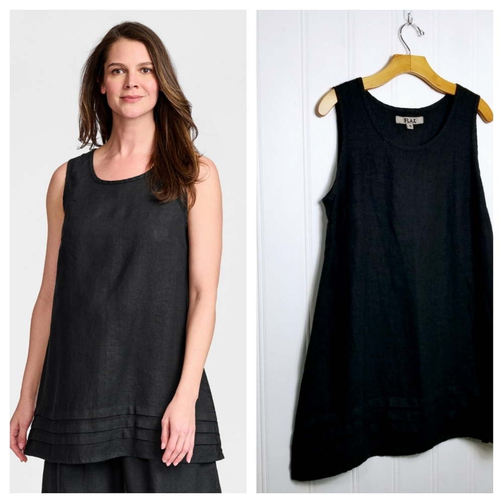 FLAX Tunic Top Womens S Black Linen Pintuck Hem Sleeveless A-Line Lagenlook
